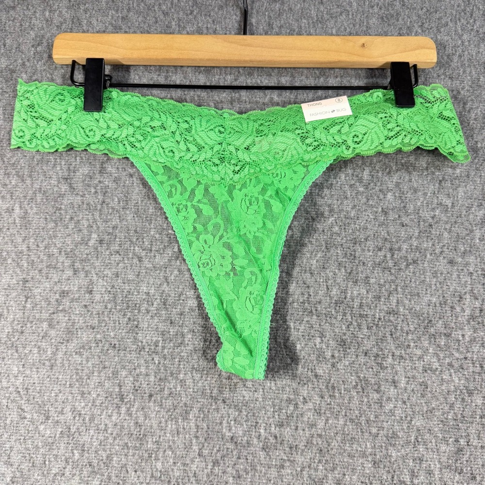 NWT Y2K 2004 Fashion Bug Green Lace Thong Panty Size 8 Floral Sheer Lingerie